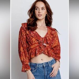 NWT Free People Rudi Printed Ruffle Crop Blouse